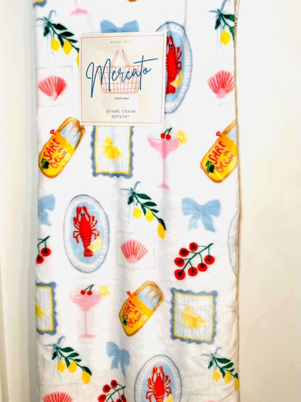 Coastal Summer Plush Throw Blanket Lobster Sardines Tomato Lemons Cocktails Bows - Picture 14 of 14